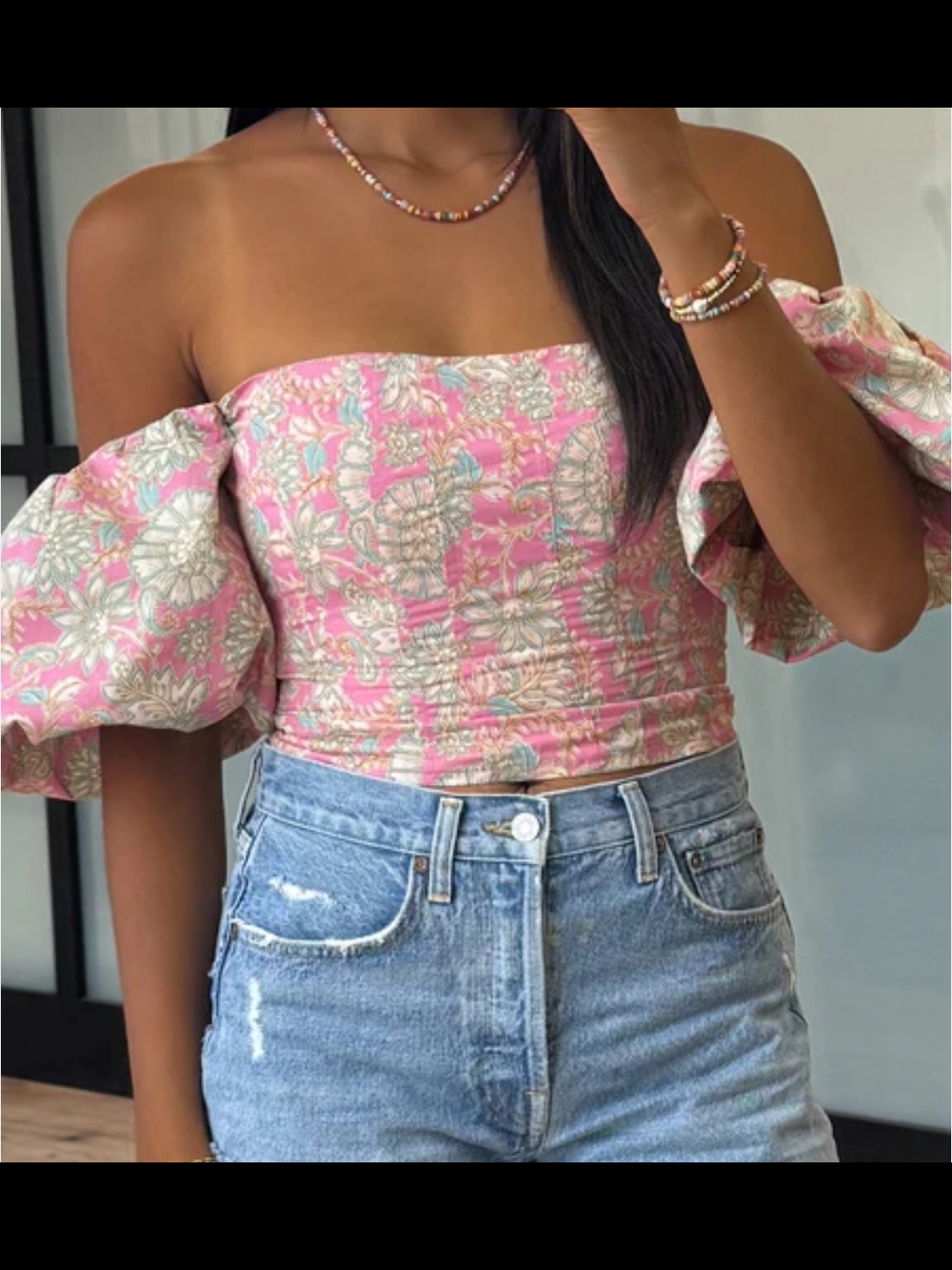 Talulah Pink Floral Off-Shoulder Puff Sleeve Crop Top